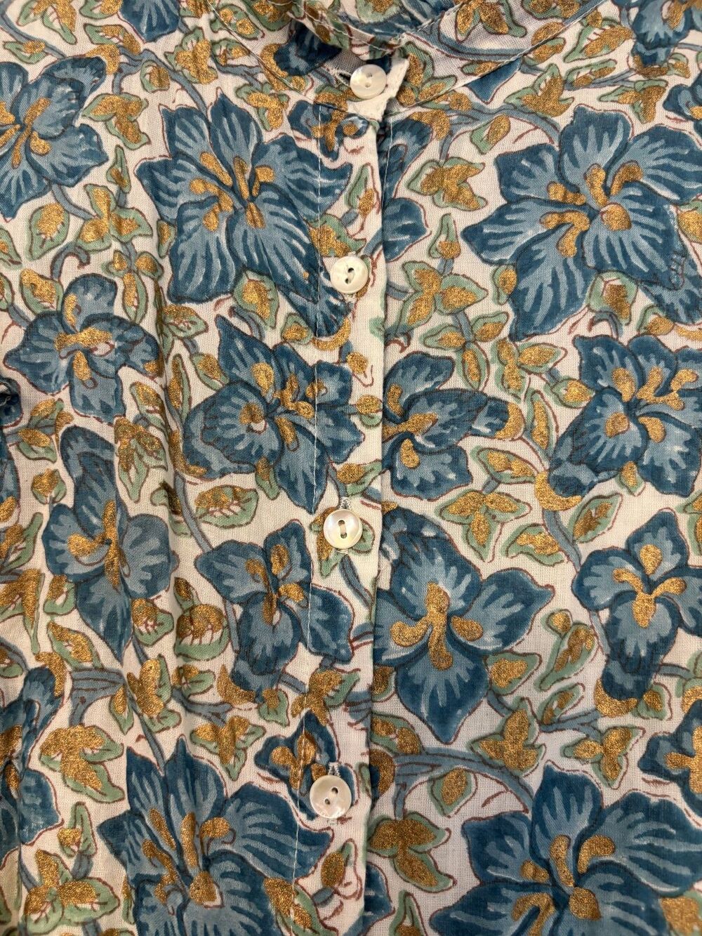 Oliphant Ruffle Collar Button Maxi Dress Size M Ivy Blue/Gold - Picture 4 of 10